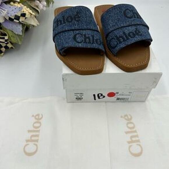 Women’s Chloe woody logo embroidered denim sandals size 38 made in Italy - Picture 3 of 11